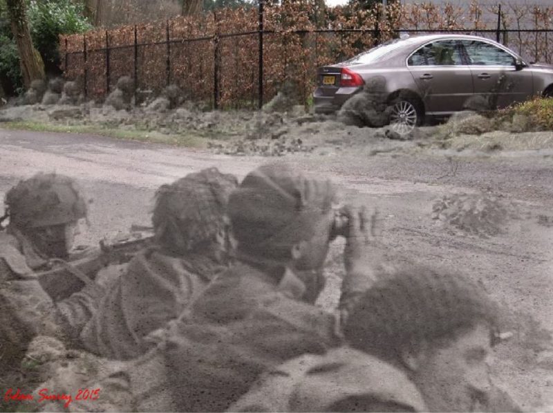 Men from Nos. 15 & 16 Platoons, ‘C’ Company, 1st Battalion Border Regiment, waiting in roadside ditches along the Van Lennepweg to repulse an attack by the enemy, who were barely a hundred yards away, Oosterbeek Netherlands, September 1944 – 2015 / By Adam Surrey / Ghosts of Time