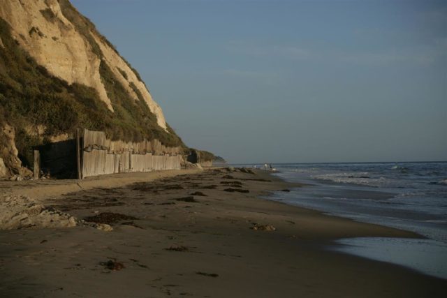 View of the bluffs at the site of I-17’s attack looking east toward Goleta and Santa Barbara. Note the pre-World War II wooden retaining walls at left. (photo by the author)
