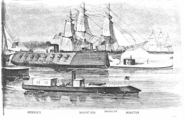 The E.A. Stevens, misidentified as the Naugatuck, in harbor among other iron-sided ships;