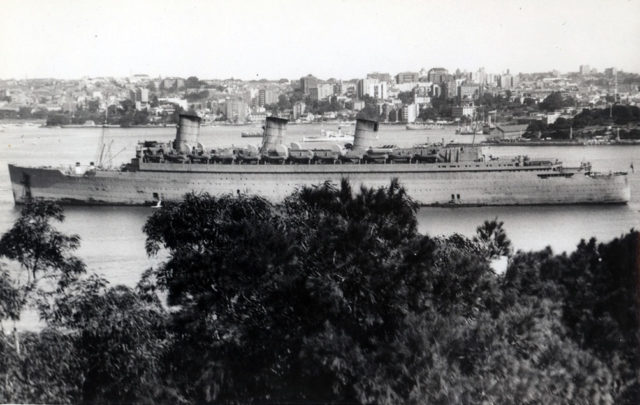 Troopship Queen Mary in Sydney, World War II, 1942.