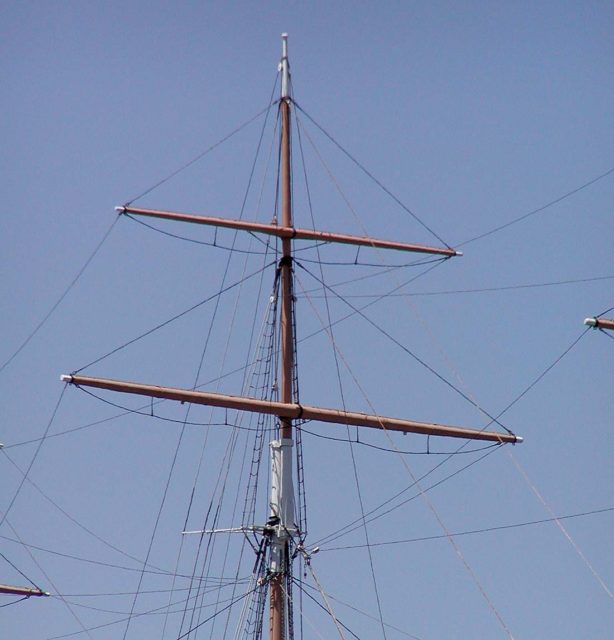 The main top of the tall ship Balclutha. A yard is the horizontal spars, which held the sails, and moved to catch the wind. The men who served up in these high reaches had to brave rolling seas and high wind;