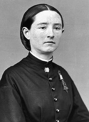 Mary Edwards Walker appears looking uncharacteristically feminine in the fashion of the day, wearing her Medal of Honor after receiving it for her service in the war.