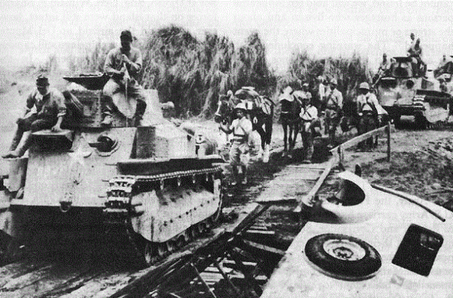 Japanese tanks advancing on Bataan