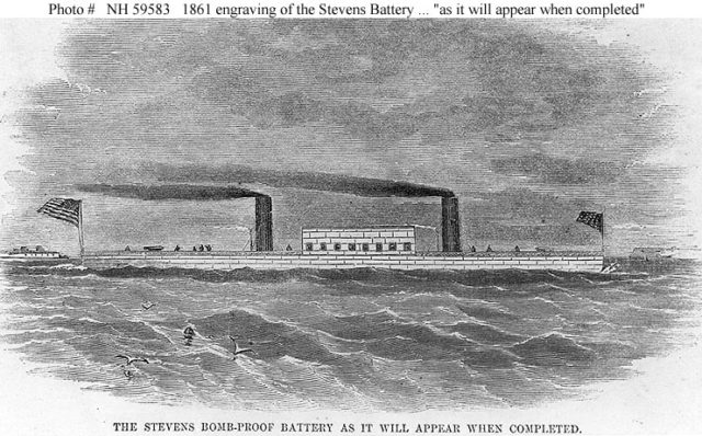 A drawing of the proposed Stevens Battery, the E.A. Stevens served as a test bed for ideas to be developed;