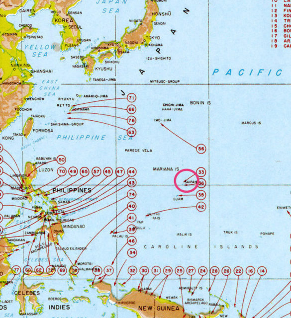 Map of US landings. Saipan is circled in red. By Soerfm – CC BY-SA 4.0