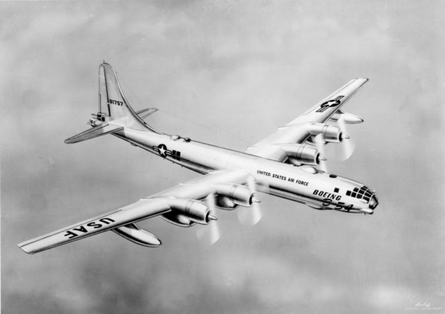 Photo above shows what was planned to become the top end of the stretched B-29 line, the B-54 or the Best of the Boeing Bomber Family. But during its development in 1947/48, Boeing ran with this aircraft design into a weird struggle. The tunnel vision resulting in an exclusive consideration of the evolution of existing technology, while a more revolutionary technology at hand (but imported) was overlooked or ignored.