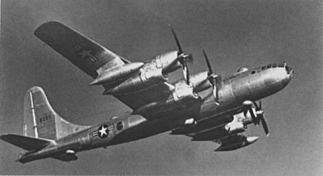 Photo above depicts the B-50 Bomber that came out of the experimental XB-44. Note the much larger engines and longer nacelles, the extended and strengthened fuselage and underwing external fuel tanks. But the original family silhouette of the B-29 is still intact.