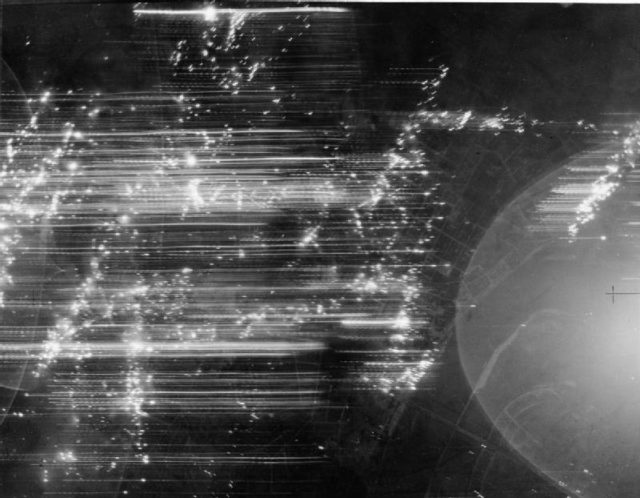 Vertical aerial photograph taken during a raid on Dusseldorf, Germany.