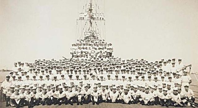 The 645 man crew of the Sydney in 1940. It was a crew this size which went down with their ship a year later;