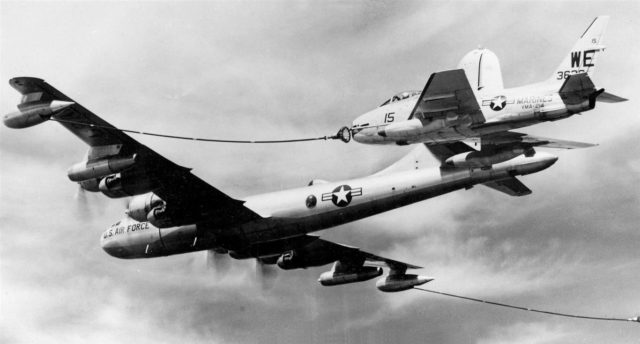 This awesome photo above shows the tanker version of the B-50 in all its glory. This is the KB-50J refueling from external pods a North American FJ-4B Fury from VMA -214. Note that between the wingtip pods and the outer piston engines, there are two more underwing bodies. They seem to be Jet engines, mounted in a later upgraded version to get more top speed for easier mid-air tanking operation with fast Jets hanging on the “nipples”. The same was done on the B-36 Pacemaker that in initial version had “only” 6 piston prop engines, while later 2 jet pods were added for additional speed.