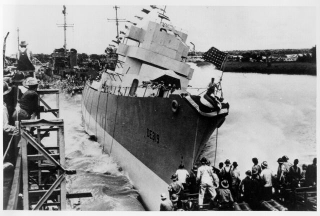 The USS Leopold (DE-319) being launched in June 1943;