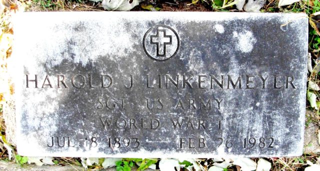 A simple military marker in the Woodland Cemetery is all that remains to denote the legacy of the late WWI veteran Harold Linkenmeyer. Drafted during WWI, the Jefferson City resident went on to serve as an observer/gunner with the American Air Service. Courtesy of Nancy Thompson.