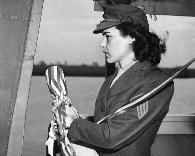 John Basilone’s widow Sgt. Lena Basilone christening the destroyer USS Basilone.