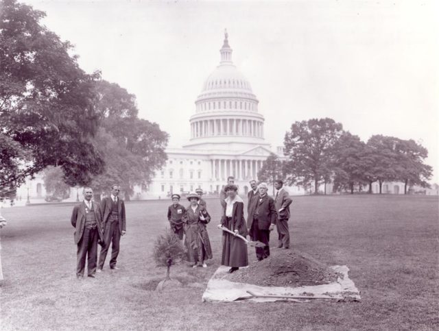 Congresswoman Rankin with shovel, Belle Fligeman at left. Arbor Day, 1917.