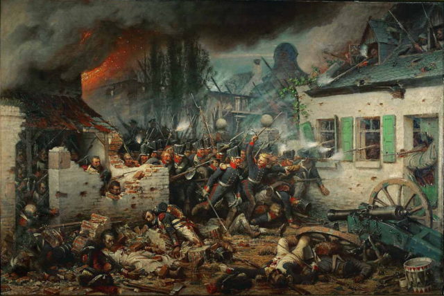 Prussian troops attack Plancenoit, painted by Adolph Northen in 1864.