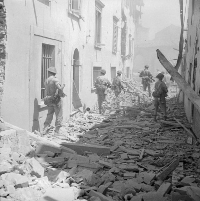 British infantry in the streets of Impruneta on August 3, 1944.