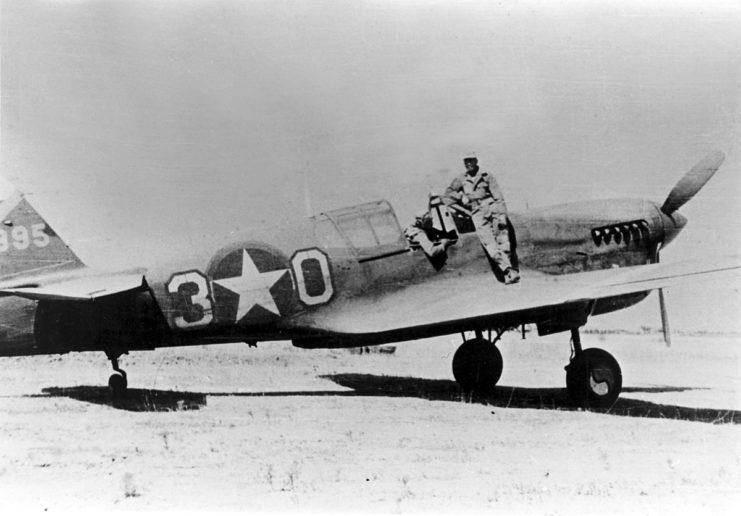 The U.S. Army Air Forces Curtiss P-40L Warhawk flown by 1st Lt. (later Maj.) Charles B. Hall of Brazil, Indiana (USA), 99th Fighter Squadron, 33rd Fighter Group, in North Africa. On Friday, 2 July 1943, Hall became the first USAAF pilot of African-Amcerican descent to shoot down an enemy plane, a German Focke-Wulf Fw 190.