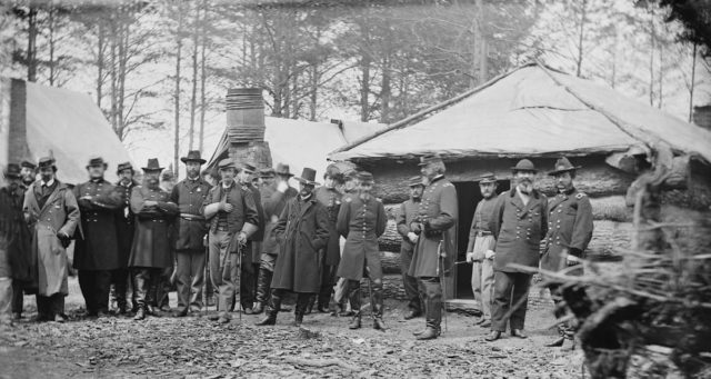Horse artillery headquarters in Brandy Station, Virginia, February 1864. Sedgwick stands at the far right between Generals George G. Meade and Alfred Torbert, along with staff officers.