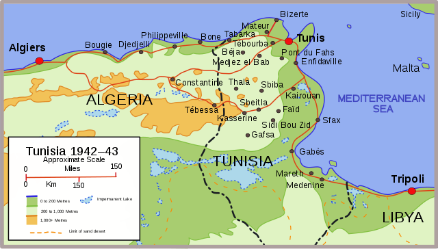 Sketch map of Tunisia during the 1942–1943 campaign.