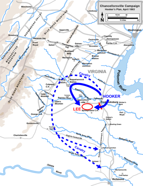 Hooker’s plan for the Chancellorsville Campaign. Red: Confederate forces. Blue: Union forces. Photo: Map by Hal Jespersen, CC-BY 3.0