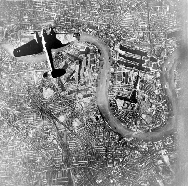 Heinkel He 111 bomber over the Surrey docks and Wapping in the East End of London on 7 September 1940.