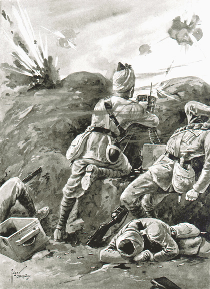 Sepoy Khudadad Khan manning his machine gun at Gheluvelt on October 31, 1914.
