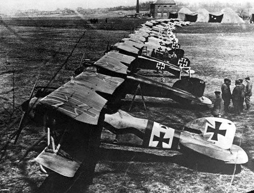 A lineup of Albatros D.IIIs of Jasta 11 in early 1917 – the second aircraft in this lineup belonged to Manfred von Richthofen.