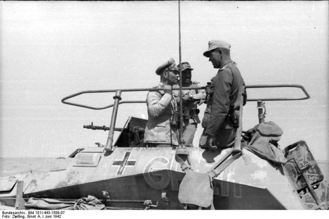 Erwin Rommel and Fritz Bayerlein in the SdKfz. 250/3 command vehicle ‘Greif’, near Tobruk, Libya, June 1942. Photo: Bundesarchiv / Bild 101I-443-1589-07 / Ernst Zwilling / CC BY-SA 3.0