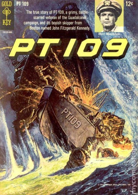 The cover above depicts the destruction of the most famous PT-boat of the war. On August 2, 1943, the PT-109 with captain John. F. Kennedy had a most harrowing adventure in which his boat suffered a fatal direct smash hit from a Japanese Destroyer that emerged from the pitch dark night and rammed the PT -boat in the Blackett Strait in the Solomon Islands. Of the crew of 13, eleven of them survived the carnage that followed due to the ignition of the fuel tanks. They were able to crawl onto a beach of a small island, John F. Kennedy went out for help and after hours and hours of wading and swimming, he found a couple of islanders that took a coconut with an SOS message carved to a nearby station. Thanks to his effort, the crew was saved. More details of that epic story can be found on the internet. Or see here