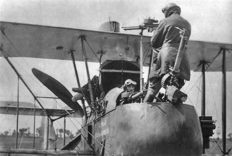 Lewis Guns mounted in the front cockpit of the pusher Royal Aircraft Factory F.E.2d