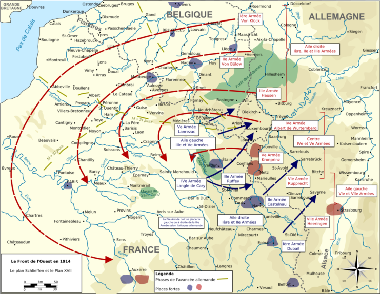 Obsolete map of the Schlieffen Plan and the French offensives of Plan XVII. Picture: Tinodela / CC-BY-SA 3.0.