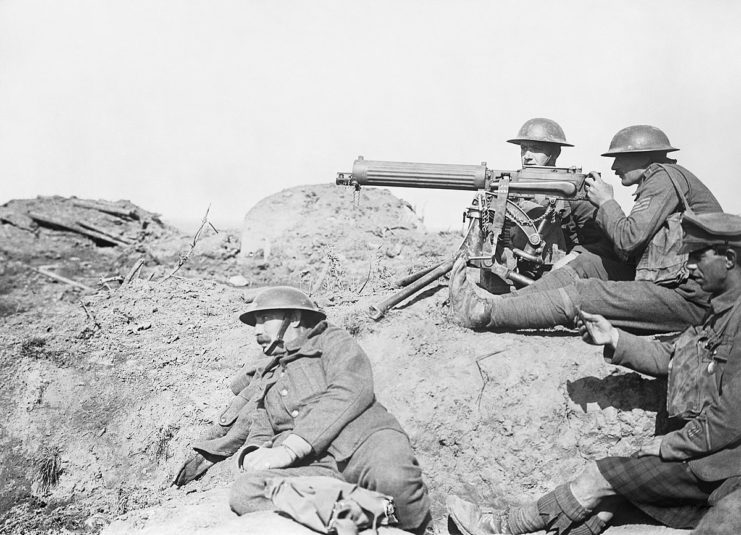 British Vickers machine gun crew during the Battle of Menin Road Ridge, World War I.