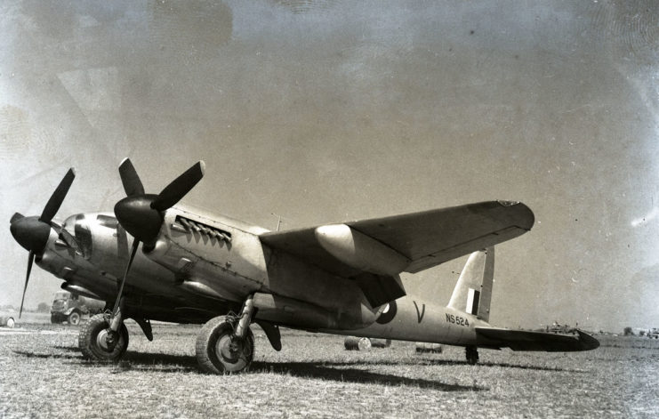 De Havilland Mosquito Photo-Reconnaissance variant at Akyab Island airstrip, Burma, 1945.