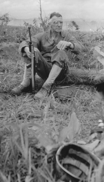 Lieutenant General Joseph Stilwell, with M1 carbine, at Myitkyina airfield, Burma, 17 July 1944.