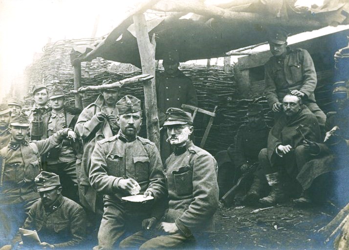 Austro-Hungarian soldiers resting in trench warfare.