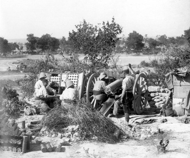 A French Colonial 75 mm artillery gun in action near Sedd el Bahr at Cape Helles, Gallipoli during the Third Battle of Krithia, 4 June 1915.