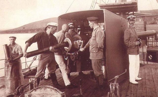 Loading one of the large guns on the Graf von Goetzen;