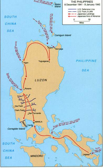A map of Luzon Island showing Japanese landings and advances from 8 December 1941 to 8 January 1942.