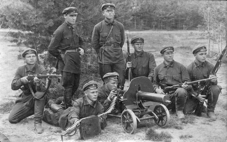 Red Army soldiers with a Maxim machine gun, c. 1930.