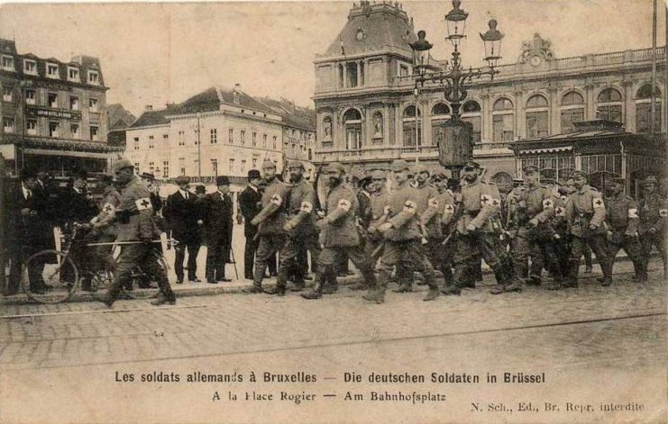 German troops marching through the Belgian capital, Brussels, in 1914.