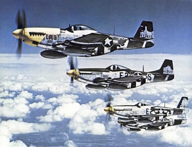P-51 Mustangs of the 375th Fighter Squadron, Eighth Air Force mid-1944.