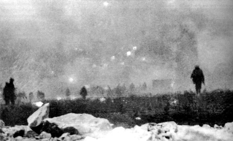 British infantry from the 47th (1/2nd London) Division advancing into a gas cloud during the Battle of Loos.