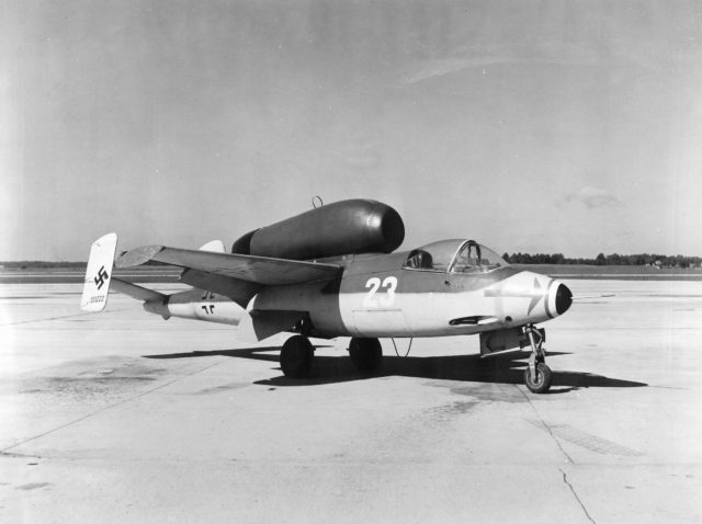 He 162 120230 during post-war trials, USA.