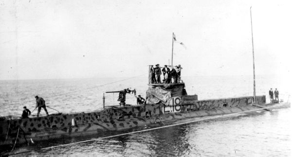 HMS E18 after passing through the Oresund in September 1915.
