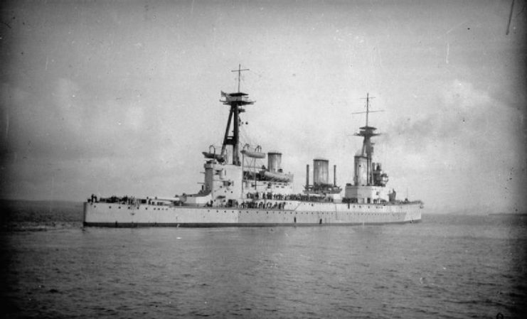 British battlecruiser HMS Indefatigable underway in coastal waters just before the Battle of Jutland.