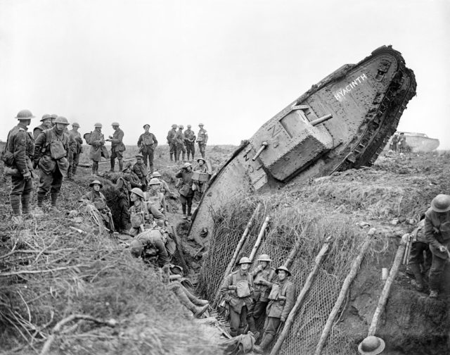 A Mark IV (Male) tank of ‘H’ Battalion, ‘Hyacinth’, ditched in a German trench during the Battle of Cambrai.