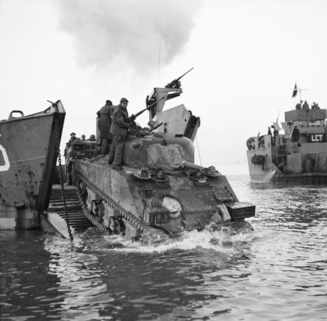 Sherman tank coming ashore at Anzio.