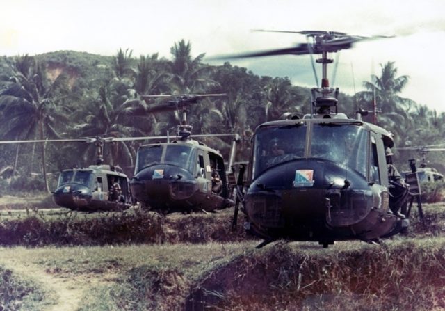 Bruce Crandall in the lead – UH-1 helicopters just prior to takeoff in Vietnam.