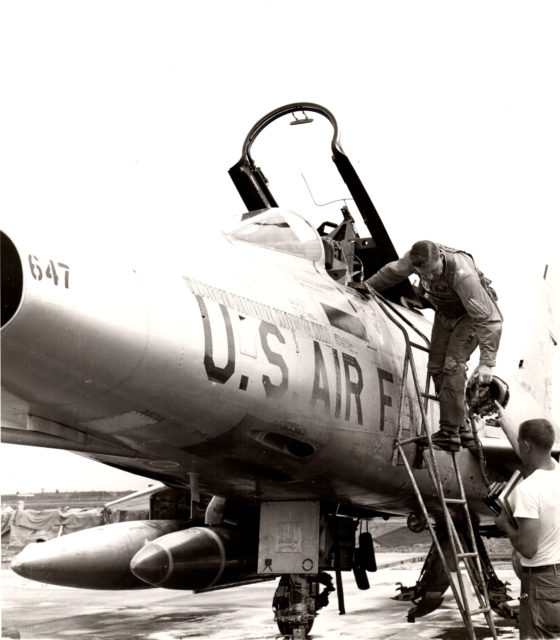 Lt. Col. Pittman is pictured boarding his F-100 Super Sabre in preparation for a bombing mission in Vietnam in 1965. Courtesy of Debbie Pash-Boldt.