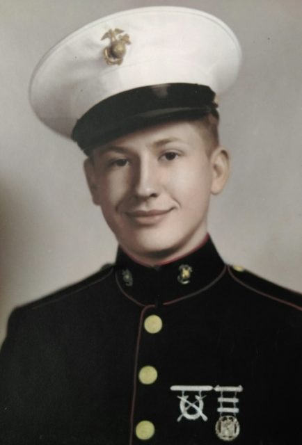 Tisdale is pictured in his Marine Corps dress uniform during World War II. The veteran served as an aviation ordnanceman on islands in the Pacific during the war. Courtesy of Earl Tisdale .